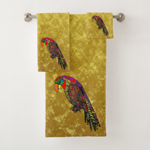 Perroquets en feuille d'or jaune rouge vert bleu