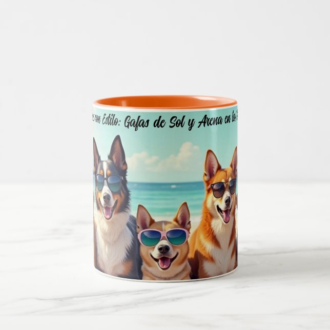Perros con Estilo: Gafas de Sol y Arena en la Play Zweifarbige Tasse (Mittel)
