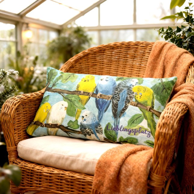 Perruche | Coussin (Lendenkissen mit vielen niedlichen Wellensittiche - handgemaltes Motiv, personalisierbar)