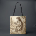 Persephone Vintage Mythology Tasche<br><div class="desc">This elegant tote bag features a vintage-style illustration inspired by classical mythology. The artwork depicts Persephone, goddess of spring and renewal, rendered in a refined antique engraving style with soft sepia tones and delicate botanical details. The timeless composition gives the design the look of a classical illustration or museum print,...</div>