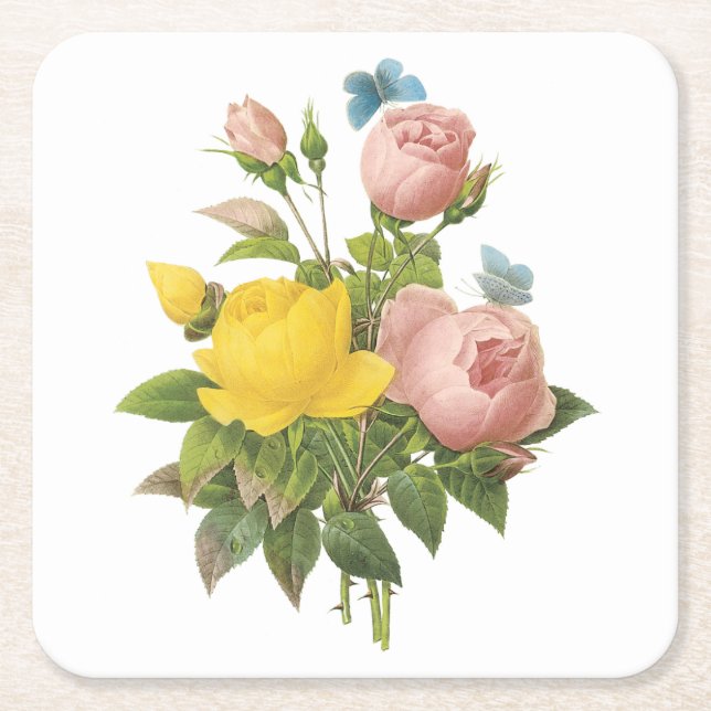 Persergelbe Rose, Tee-Rose von Redouté Rechteckiger Pappuntersetzer (Vorderseite)