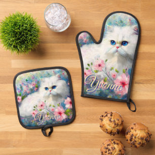 Perserkatze Blaue Augen in rosa Blumen Personalisi Ofenhandschuh & Topflappen-Set