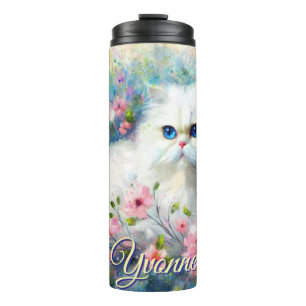 Perserkatze Blaue Augen in rosa Blumen Personalisi Thermosbecher