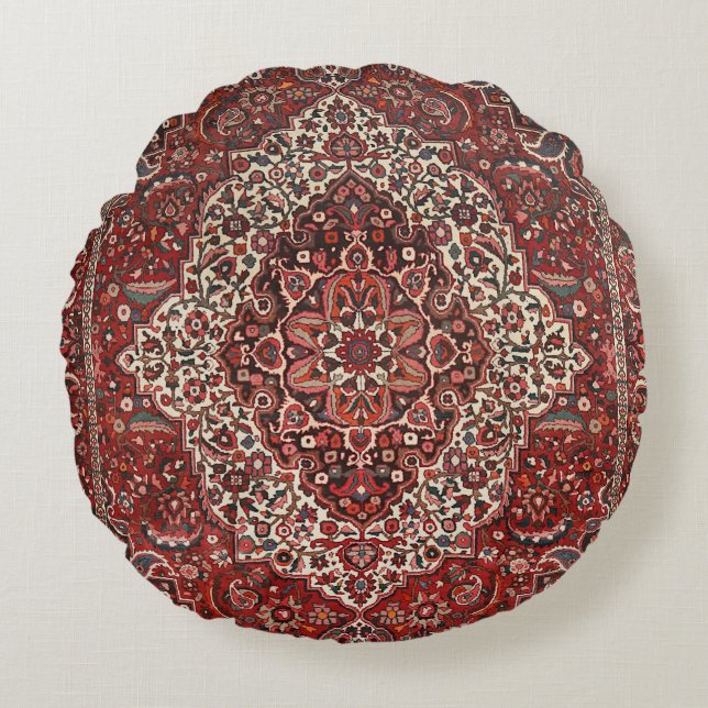 Persian Bakhtiari Deep Dark Red Tan  Rundes Kissen (Vorderseite)