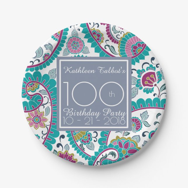 Persian Boteh Paisley 100 th Birthday Party Paper  Pappteller (Vorderseite)