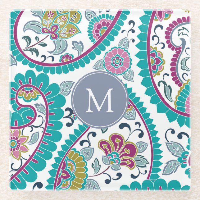 Persian Boteh Paisley Pattern Monogram Glass C Glasuntersetzer (Vorderseite)