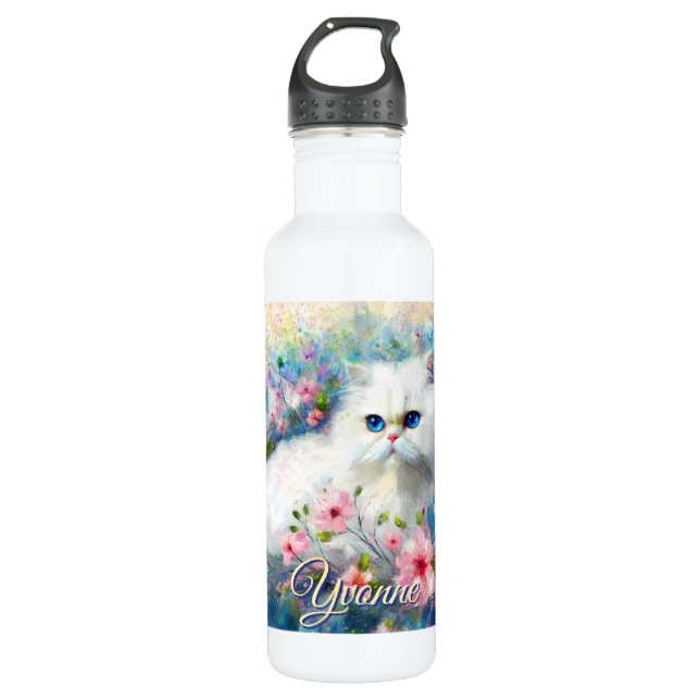 Persian Cat Blue Eyes in Pink Flowers Personalized Edelstahlflasche (Vorderseite)