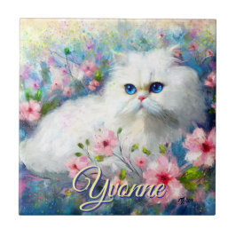 Persian Cat Blue Eyes in Pink Flowers Personalized Fliese