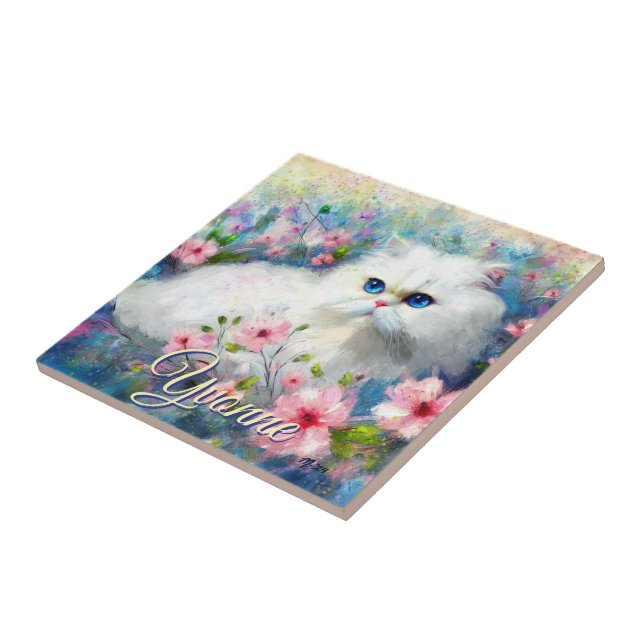 Persian Cat Blue Eyes in Pink Flowers Personalized Fliese (Seite)
