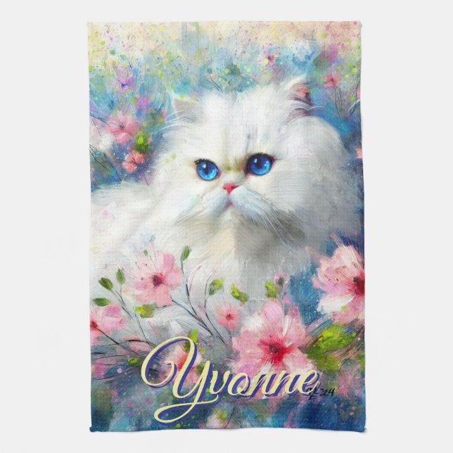 Persian Cat Blue Eyes in Pink Flowers Personalized Geschirrtuch (Vertikal)