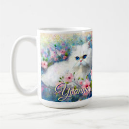 Persian Cat Blue Eyes in Pink Flowers Personalized Kaffeetasse