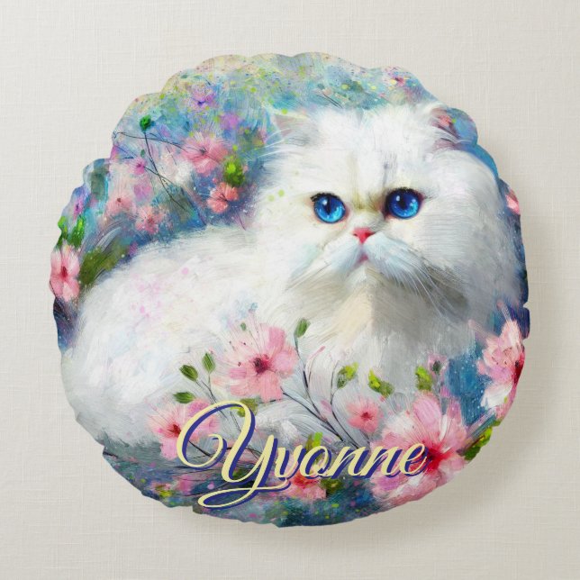 Persian Cat Blue Eyes in Pink Flowers Personalized Rundes Kissen (Vorderseite)