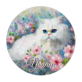 Persian Cat Blue Eyes in Pink Flowers Personalized Schneidebrett