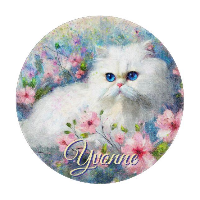 Persian Cat Blue Eyes in Pink Flowers Personalized Schneidebrett (Vorderseite)
