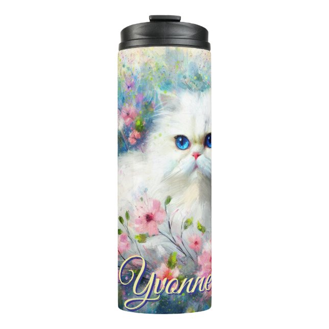 Persian Cat Blue Eyes in Pink Flowers Personalized Thermosbecher (Vorderseite)