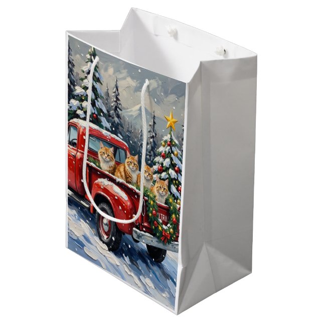 Persian Cat Christmas Red Truck Holiday Mittlere Geschenktüte (Vorderseite Schrägansicht)