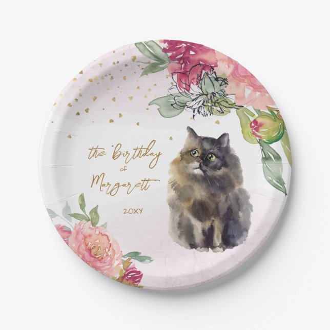 Persian Cat Illustration Happy Birthday Girl Party Pappteller (Vorderseite)