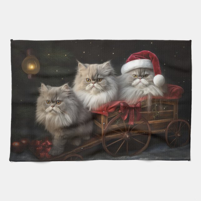 Persian Cat Snowy Sleigh Weihnachtsdekor Geschirrtuch (Horizontal)