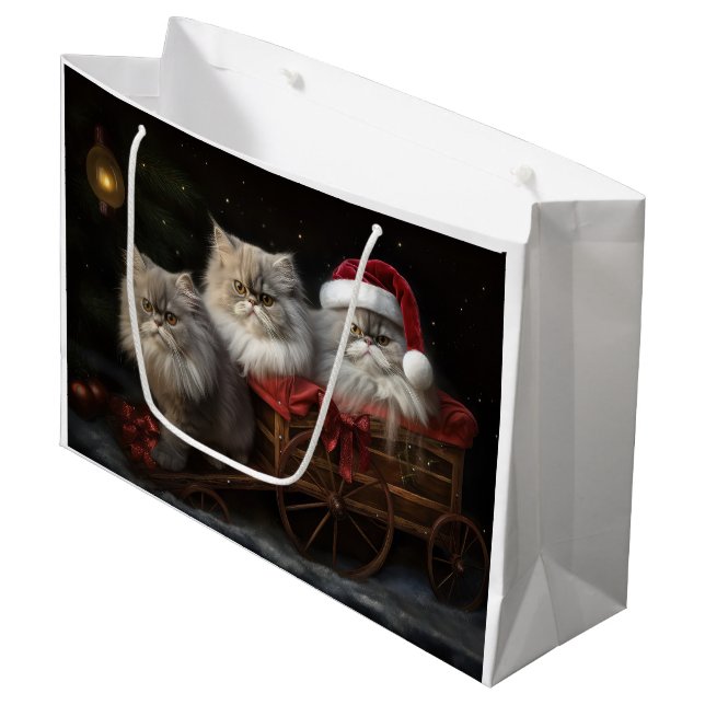 Persian Cat Snowy Sleigh Weihnachtsdekor Große Geschenktüte (Vorderseite Schrägansicht)