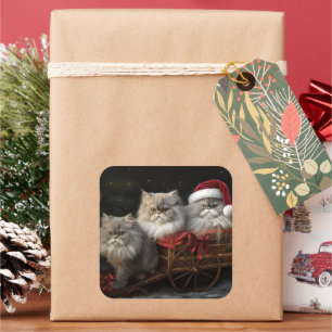 Persian Cat Snowy Sleigh Weihnachtsdekor Quadratischer Aufkleber