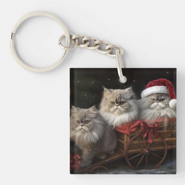 Persian Cat Snowy Sleigh Weihnachtsdekor Schlüsselanhänger (Vorderseite)