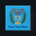 Persian Magen David Menorah Button<br><div class="desc">Dieses Bild wurde aus einer antiken persischen jüdischen Fliese mit einer Menorah mit einem Magen David (Stern von David) gerahmt von Olivenzweigen. Die Unvollkommenheiten des originalen,  handbemalten Bildes wurden bewahrt.</div>