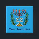 Persian Magen David Menorah Button<br><div class="desc">Dieses Bild wurde aus einer antiken persischen jüdischen Fliese mit einer Menorah mit einem Magen David (Stern von David) gerahmt von Olivenzweigen. Die Unvollkommenheiten des originalen,  handbemalten Bildes wurden bewahrt.</div>