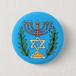 Persian Magen David Menorah Button<br><div class="desc">Dieses Bild wurde aus einer antiken persischen jüdischen Fliese mit einer Menorah mit einem Magen David (Stern von David) gerahmt von Olivenzweigen. Die Unvollkommenheiten des originalen,  handbemalten Bildes wurden bewahrt.</div>