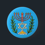 Persian Magen David Menorah Button<br><div class="desc">Dieses Bild wurde aus einer antiken persischen jüdischen Fliese mit einer Menorah mit einem Magen David (Stern von David) gerahmt von Olivenzweigen. Die Unvollkommenheiten des originalen, handbemalten Bildes wurden bewahrt.</div>