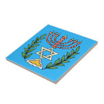 Persian Magen David Menorah Fliese<br><div class="desc">Dieses Bild wurde aus einer antiken persischen jüdischen Fliese mit einer Menorah mit einem Magen David (Stern von David) gerahmt von Olivenzweigen. Die Unvollkommenheiten des originalen,  handbemalten Bildes wurden bewahrt.</div>