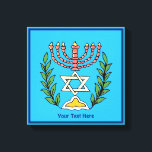 Persian Magen David Menorah Leinwanddruck<br><div class="desc">Dieses Bild wurde aus einer antiken persischen jüdischen Fliese mit einer Menorah mit einem Magen David (Stern von David) gerahmt von Olivenzweigen. Die Unvollkommenheiten des originalen, handbemalten Bildes wurden bewahrt. Fügen Sie Ihren eigenen Text hinzu.</div>