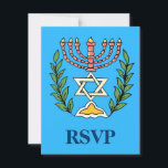 Persian Magen David Menorah RSVP Karte<br><div class="desc">Eine RSVP-Karte zur Begleitung von Bar/Bat Mitzvah-Einladungen mit dem gleichen Design. Dieses Bild wurde aus einer antiken persischen jüdischen Fliese mit einer Menorah mit einem Magen David (Stern von David) gerahmt von Olivenzweigen. Die Unvollkommenheiten des originalen,  handbemalten Bildes wurden bewahrt.</div>