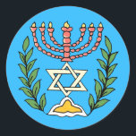 Persian Magen David Menorah Runder Aufkleber<br><div class="desc">Dieses Bild wurde aus einer antiken persischen jüdischen Fliese mit einer Menorah mit einem Magen David (Stern von David) gerahmt von Olivenzweigen. Die Unvollkommenheiten des originalen,  handbemalten Bildes wurden bewahrt.</div>