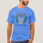 Persian Magen David Menorah T-Shirt<br><div class="desc">Dieses Bild wurde aus einer antiken persischen jüdischen Fliese mit einer Menorah mit einem Magen David (Stern von David) gerahmt von Olivenzweigen. Die Unvollkommenheiten des originalen, handbemalten Bildes wurden bewahrt.</div>
