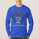 Persian Magen David Menorah T-Shirt<br><div class="desc">Dieses Bild wurde aus einer antiken persischen jüdischen Fliese mit einer Menorah mit einem Magen David (Stern von David) gerahmt von Olivenzweigen. Die Unvollkommenheiten des originalen, handbemalten Bildes wurden bewahrt.</div>