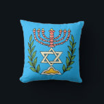 Persian Magen David Menorah Throw Pillow Kissen<br><div class="desc">Dieses Bild wurde aus einer antiken persischen jüdischen Fliese mit einer Menorah mit einem Magen David (Stern von David) gerahmt von Olivenzweigen. Die Unvollkommenheiten des originalen,  handbemalten Bildes wurden bewahrt. Fügen Sie auf der Rückseite Ihren eigenen Text hinzu.</div>