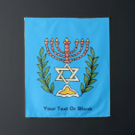 Persian Magen David Menorah Wandteppich<br><div class="desc">Dieses Bild wurde aus einer antiken persischen jüdischen Fliese mit einer Menorah mit einem Magen David (Stern von David) gerahmt von Olivenzweigen. Die Unvollkommenheiten des originalen,  handbemalten Bildes wurden bewahrt. Fügen Sie Ihren eigenen Text zu anpassen.</div>