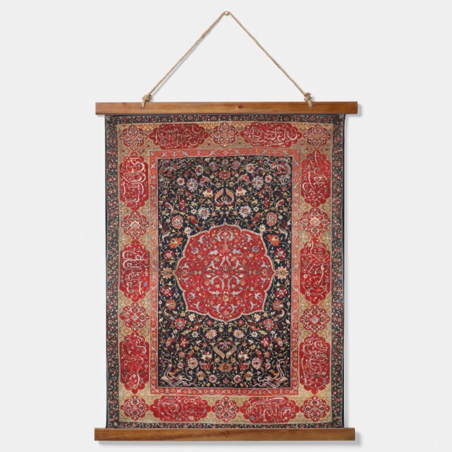 Persian Rug iranischer Red Black Hanging Tapestry Wandteppich Mit Holzrahmen (Vorderseite)