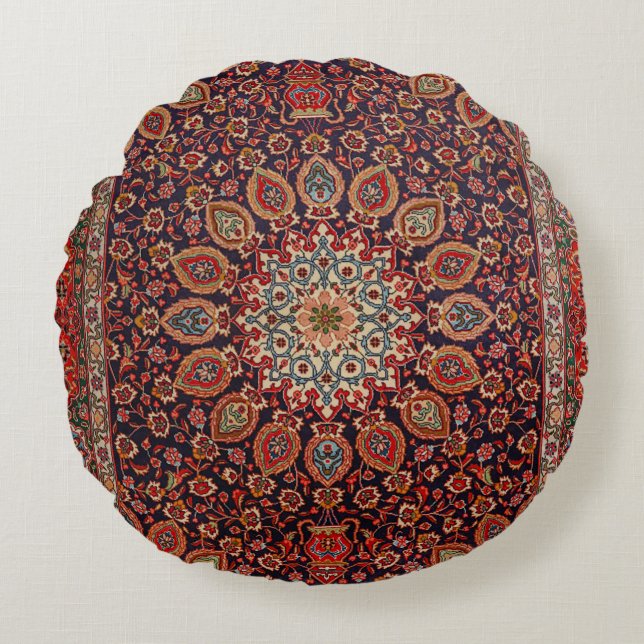 Persian Tabriz Black Radial Geometric  Rundes Kissen (Vorderseite)