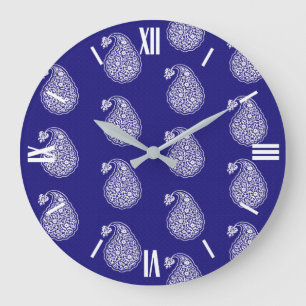 Persian tile paisley - white on indigo blue große wanduhr