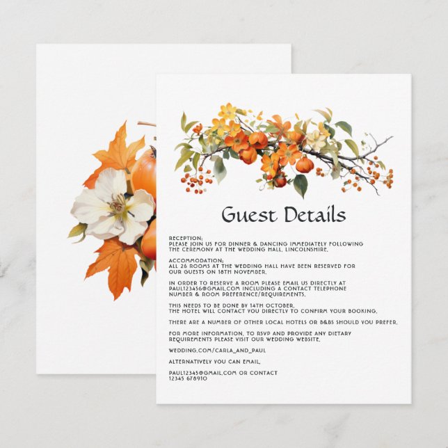 Persimmon Floral Wedding Guest Details Begleitkarte (Vorne/Hinten)