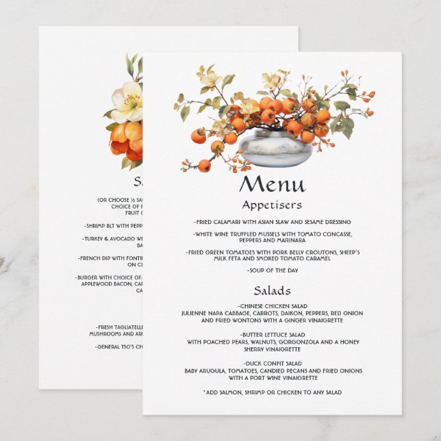 Persimmon Floral Wedding Menükarte (Vorne/Hinten)
