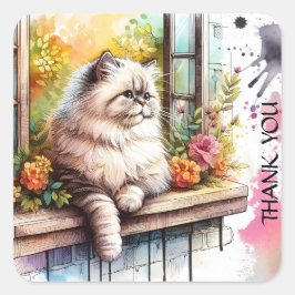 Persisch Beige Gray Cat in Window Summer Blume Quadratischer Aufkleber