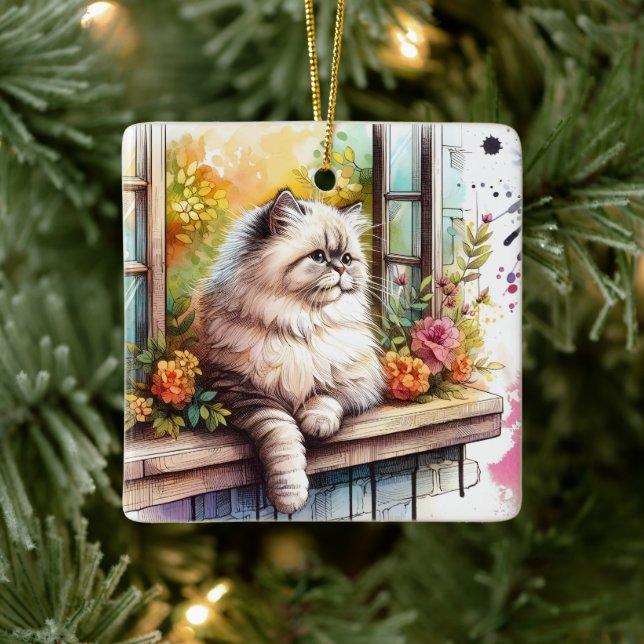 Persische Beige Katze im Fenster mit Aquarellfarbe Keramikornament (Baum)