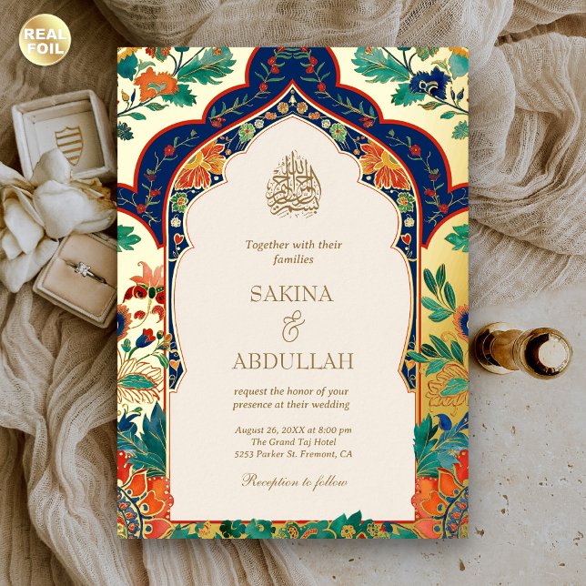 Persische Blumencreme-Moslem Hochzeit Gold Folieneinladung (Von Creator hochgeladen)