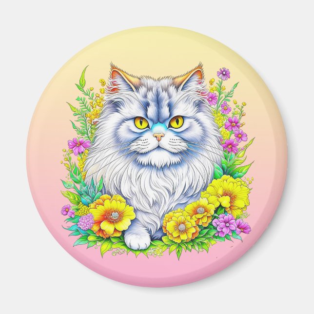 Persische Katze bei Blume Personalisiert Magnet (Vorne)
