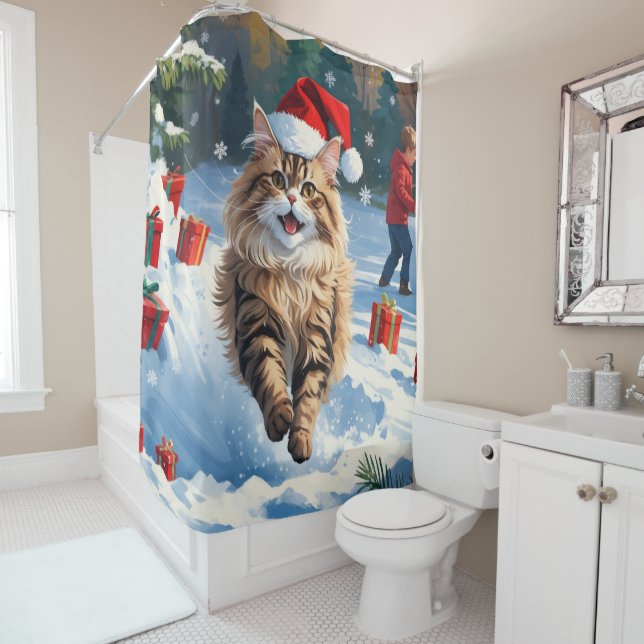 Persische Katze sitzt im Schnee mit Weihnachtshut Duschvorhang (Beispiel)