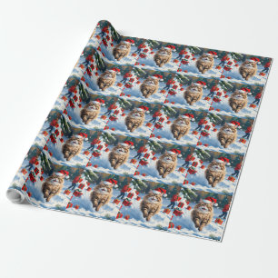 Persische Katze sitzt im Schnee mit Weihnachtshut Geschenkpapier