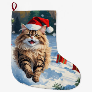 Persische Katze sitzt im Schnee mit Weihnachtshut Großer Weihnachtsstrumpf