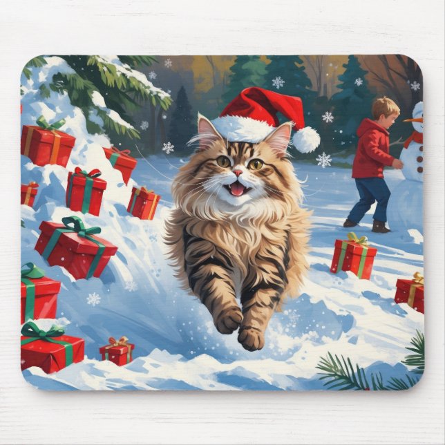Persische Katze sitzt im Schnee mit Weihnachtshut Mousepad (Vorne)